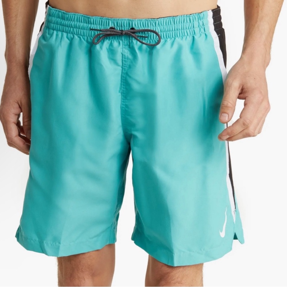 “NIKE” Core Contend 8” Inseam Light Teal - Black &White Stripes Swim Sho…